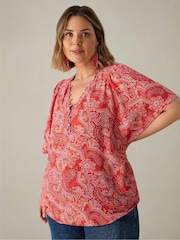 Live Unlimited Red Curve Paisley Print Shirred Shoulder Blouse - Image 2 of 4