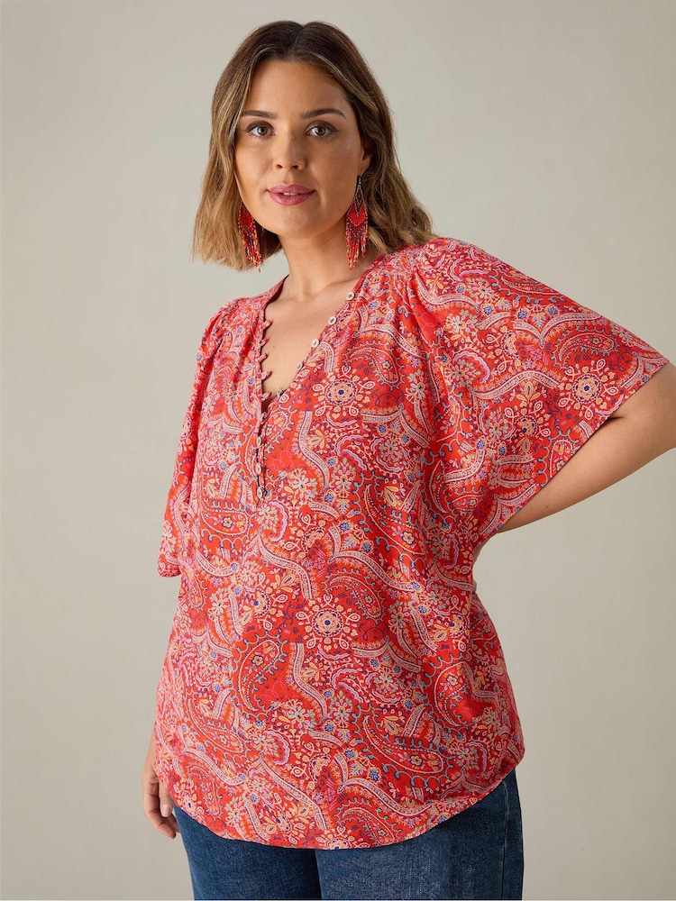 Live Unlimited Red Curve Paisley Print Shirred Shoulder Blouse - Image 2 of 4