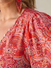 Live Unlimited Red Curve Paisley Print Shirred Shoulder Blouse - Image 3 of 4