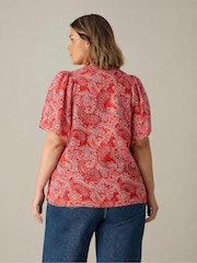 Live Unlimited Red Curve Paisley Print Shirred Shoulder Blouse - Image 4 of 4