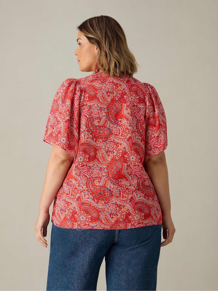 Live Unlimited Red Curve Paisley Print Shirred Shoulder Blouse - Image 4 of 4