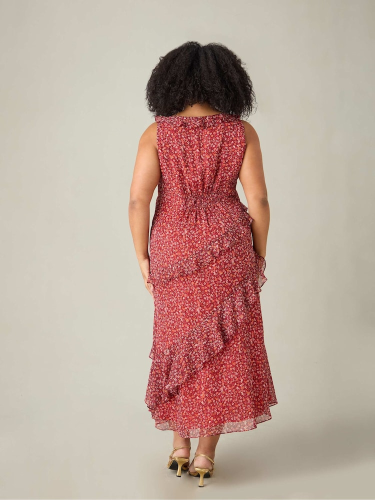 Live Unlimited Red Curve Floral Metallic Frill Midaxi Dress - Image 7 of 7 Live Unlimited Red Curve Floral Metallic Frill Midaxi Dress - Image 7 of 7