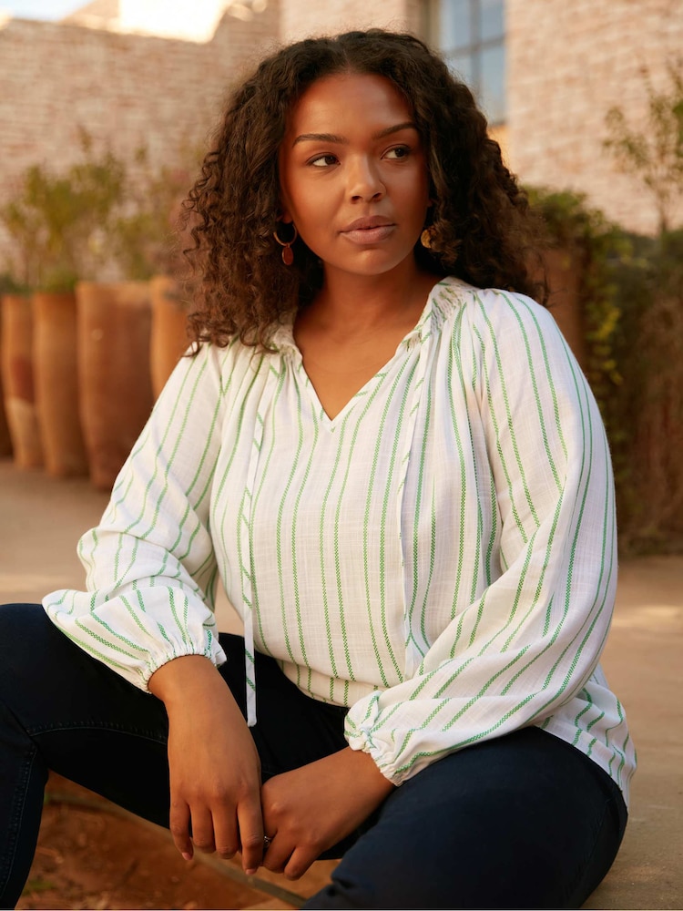 Live Unlimited Green Curve Stripe Shirred Neck Blouse - Image 1 of 7