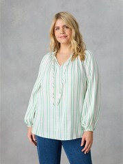 Live Unlimited Green Curve Stripe Shirred Neck Blouse - Image 3 of 7