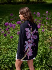 Navy/Pink Floral Placement Print Kew Collection Long Sleeve Longline Shirt - Image 3 of 6