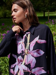 Navy/Pink Floral Placement Print Kew Collection Long Sleeve Longline Shirt - Image 4 of 6