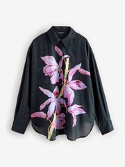 Navy/Pink Floral Placement Print Kew Collection Long Sleeve Longline Shirt - Image 5 of 6