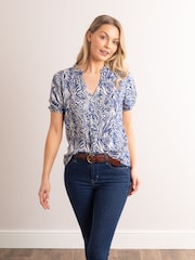 Lakeland Leather Blue Clothing Beth Animal Print V-Neck Short Sleeve Blouse - Image 1 of 7