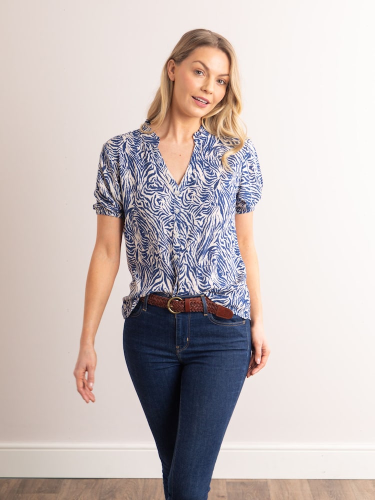 Lakeland Leather Blue Clothing Beth Animal Print V-Neck Short Sleeve Blouse - Image 1 of 7