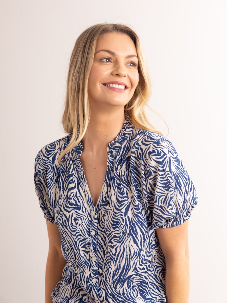 Lakeland Leather Blue Clothing Beth Animal Print V-Neck Short Sleeve Blouse - Image 2 of 7