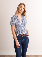 Lakeland Leather Blue Clothing Beth Animal Print V-Neck Short Sleeve Blouse - Image 7 of 7