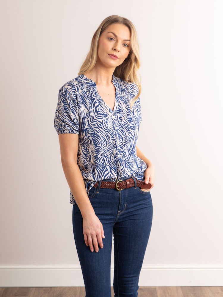Lakeland Leather Blue Clothing Beth Animal Print V-Neck Short Sleeve Blouse - Image 7 of 7