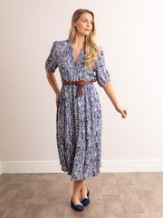 Lakeland Leather Blue Clothing Serena Animal Print V-Neck Button Down Midi Dress - Image 1 of 5