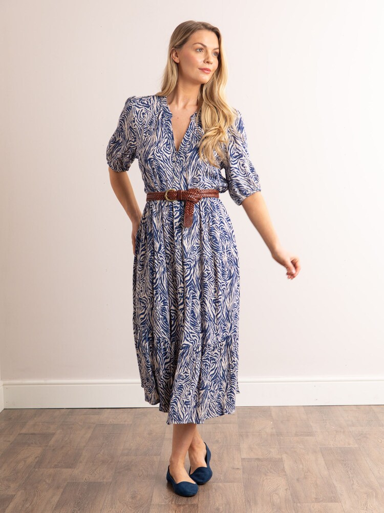 Lakeland Leather Blue Clothing Serena Animal Print V-Neck Button Down Midi Dress - Image 1 of 5