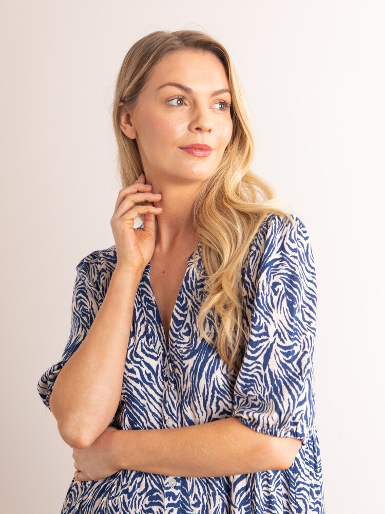 Lakeland Leather Blue Clothing Serena Animal Print V-Neck Button Down Midi Dress - Image 4 of 5