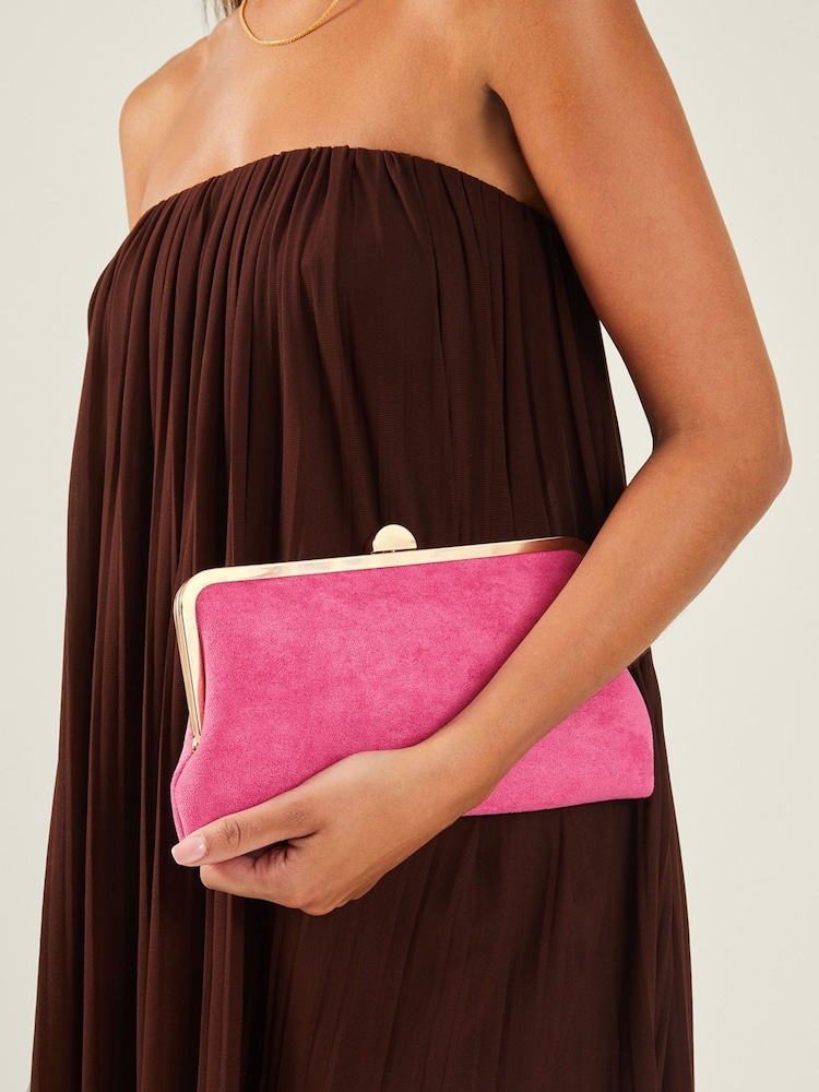 Accessorize Pink Curved Suedette Clip Frame Clutch Bag - Image 1 of 4 Accessorize Pink Curved Suedette Clip Frame Clutch Bag - Image 1 of 4