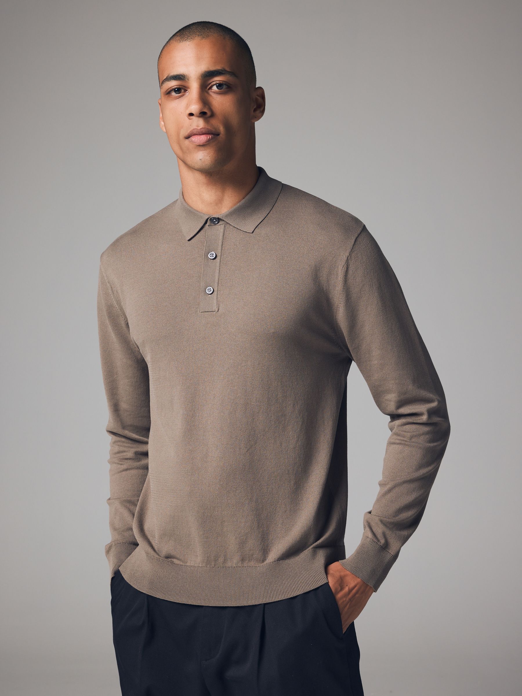 Buy Brown Mocha Regular Fit Knitted Long Sleeve Polo Shirt from Next Luxembourg