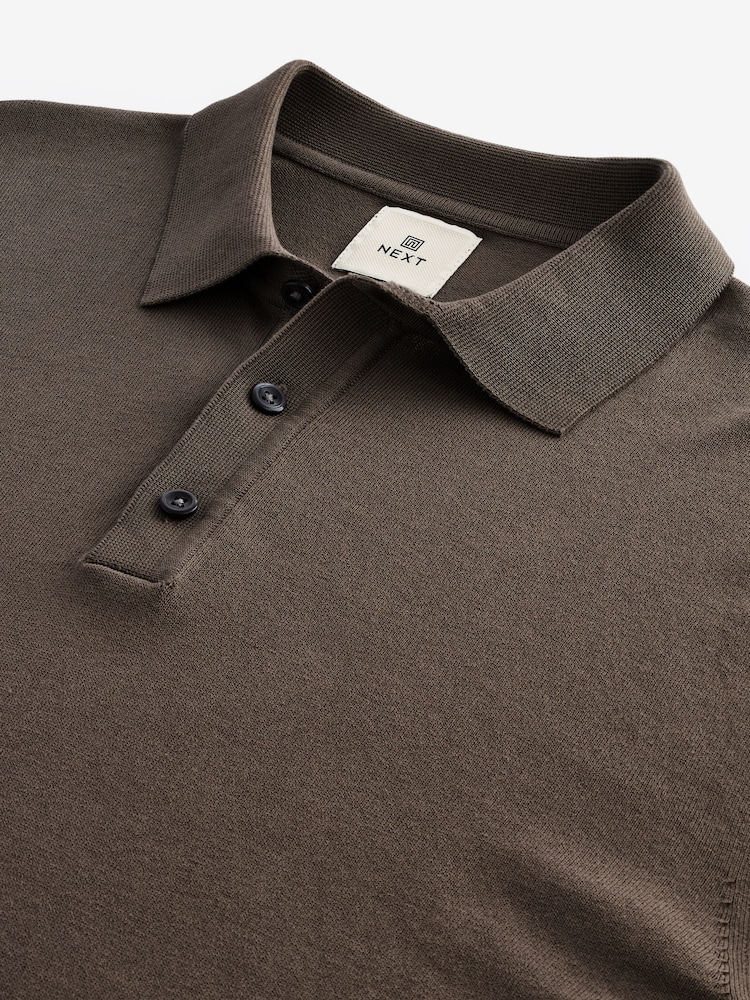 Brown Mocha Regular Fit Knitted Long Sleeve Polo Shirt - Image 1 of 1