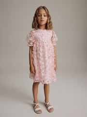 Pink Printed Mesh Flower Party Dress (3-16yrs) - Image 2 of 9