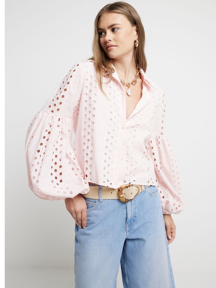 River Island Helles Hemd mit Lochstickerei und Puffärmeln - Bild 2 von 4