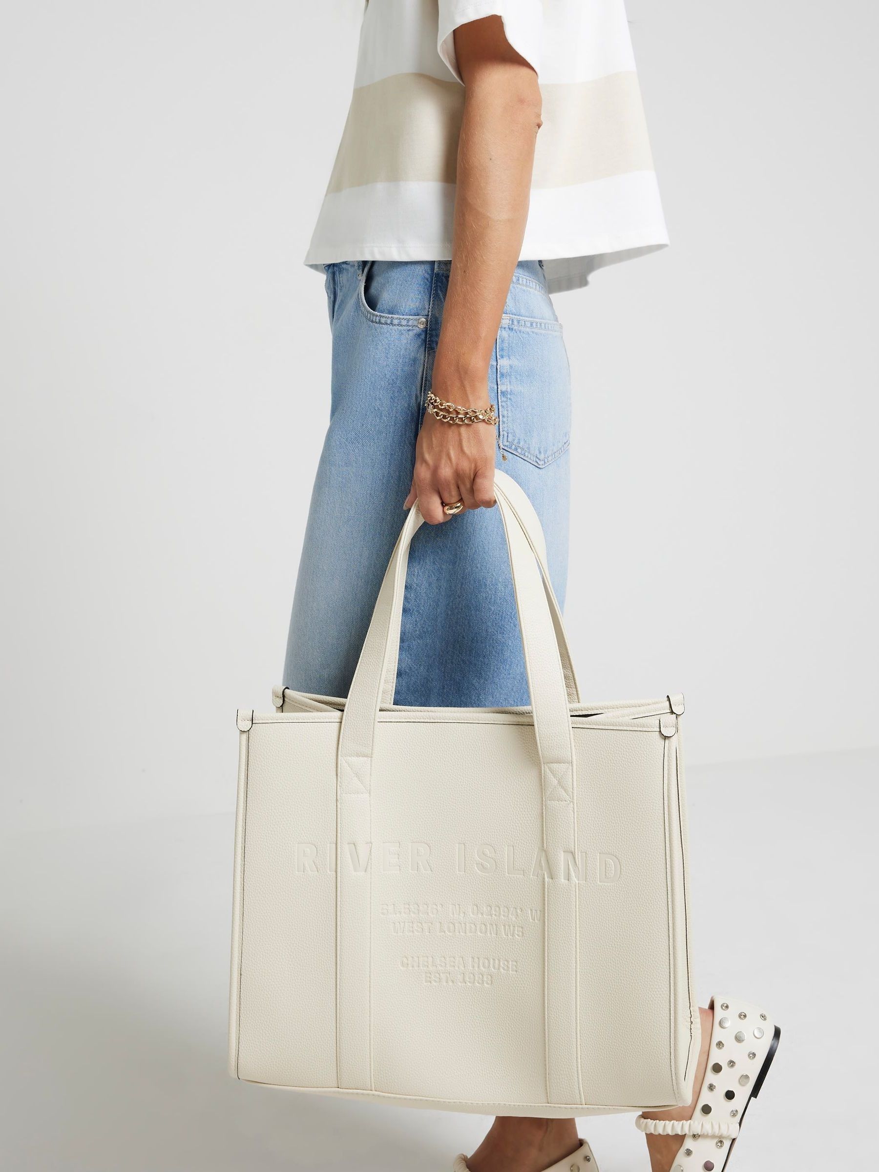 Buy River Island Cream Debossed Square Shopper Bag from Next Ireland