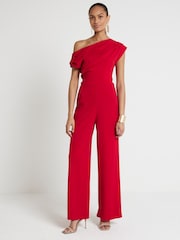 River Island Red Off Shoulder Drape Jumpsuit - Image 1 of 6