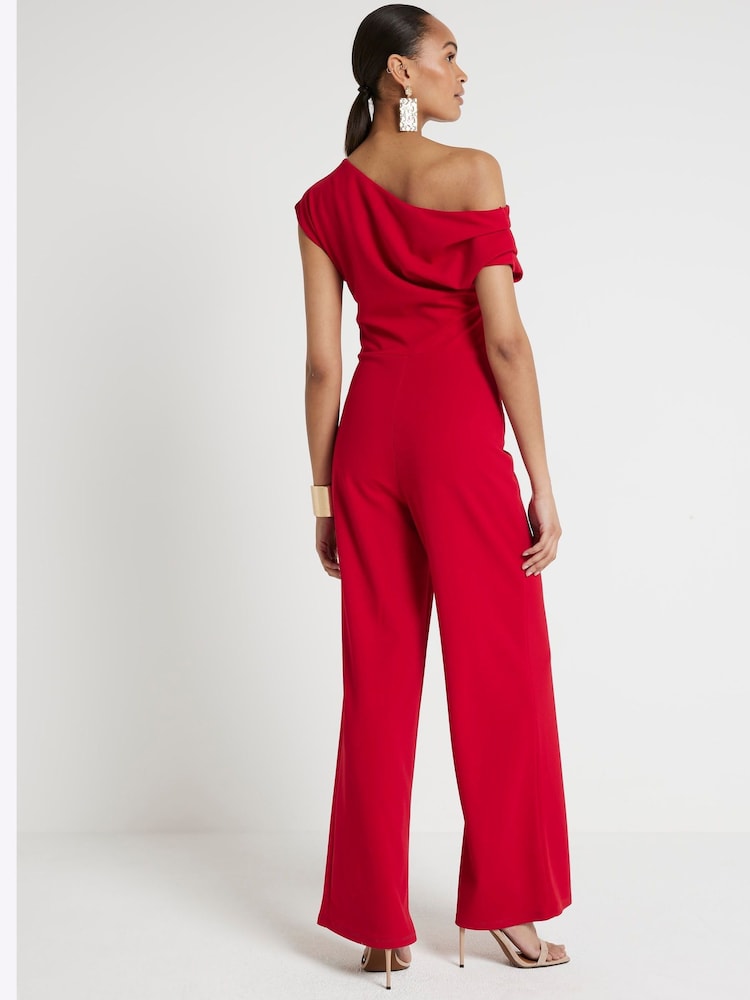 River Island Red Off Shoulder Drape Jumpsuit - Image 2 of 6