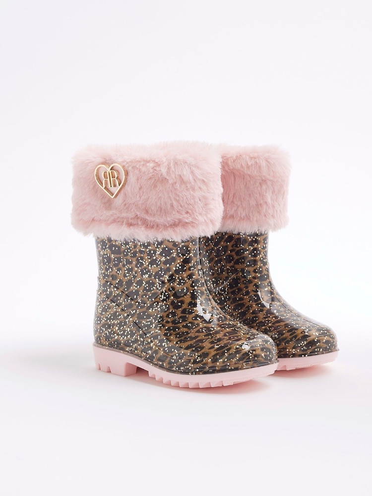 River Island Pink Girls Leopard Print Wellies Boots - Image 1 of 4