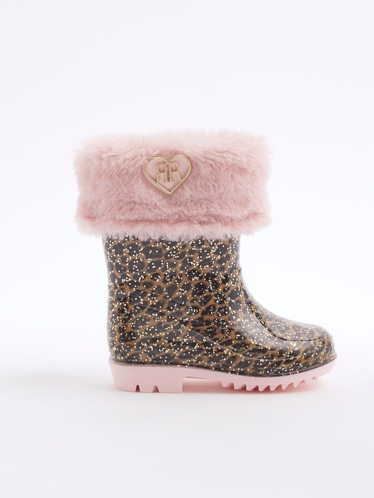 River Island Pink Girls Leopard Print Wellies Boots - Image 2 of 4