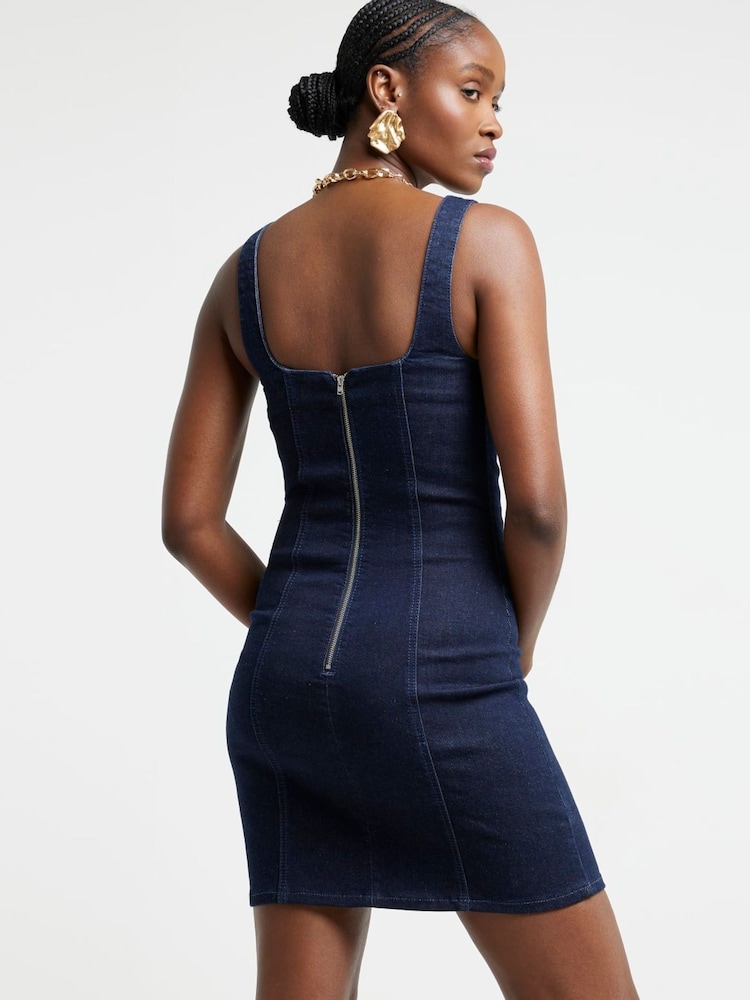 River Island Blue Denim Short Length Fitted Denim Mini Dress - Image 2 of 6 River Island Blue Denim Short Length Fitted Denim Mini Dress - Image 2 of 6