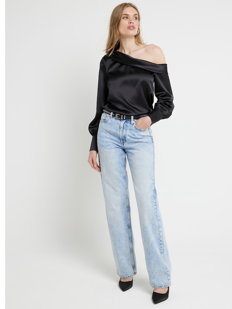 Schwarz - River Island Satin Off Shoulder Top - Bild 2 von 4