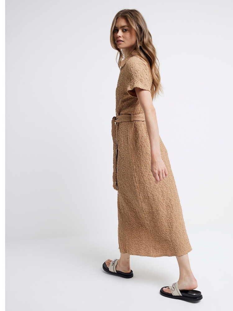 River Island Brown Short Sleeve Textured Midi Shirt Dress - Image 2 of 6