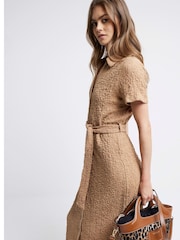 River Island Brown Short Sleeve Textured Midi Shirt Dress - Image 3 of 6