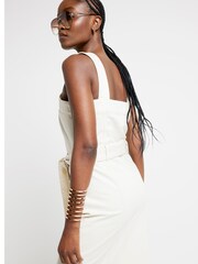 River Island Cream Denim Belted Bodycon Midi Dress - Image 2 of 4