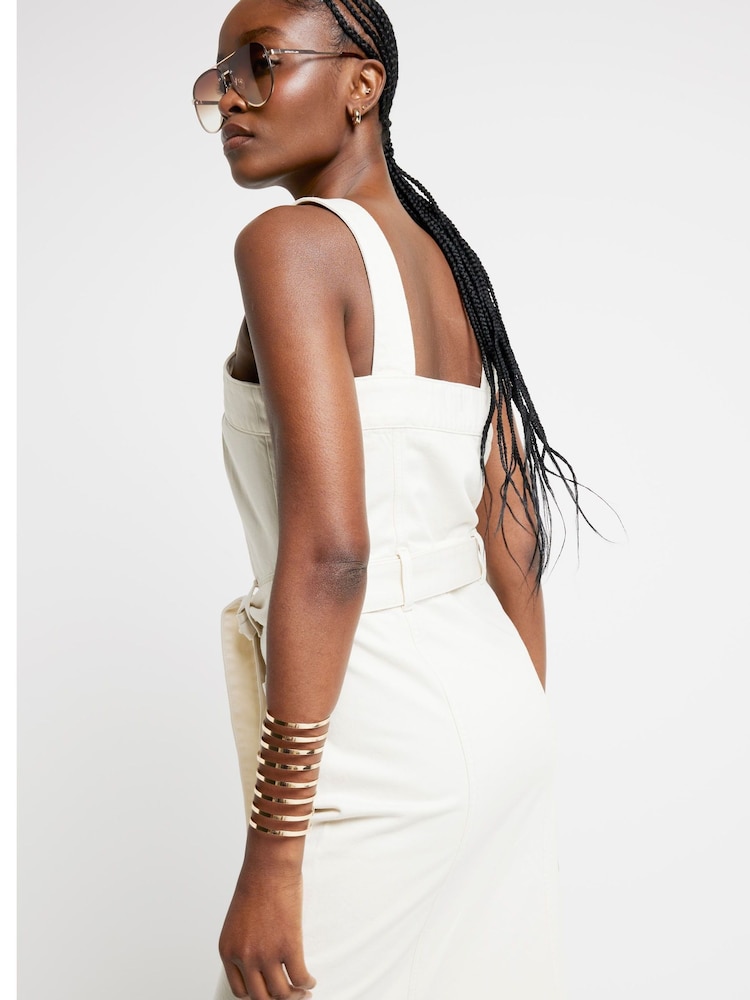 River Island Cream Denim Belted Bodycon Midi Dress - Image 2 of 4