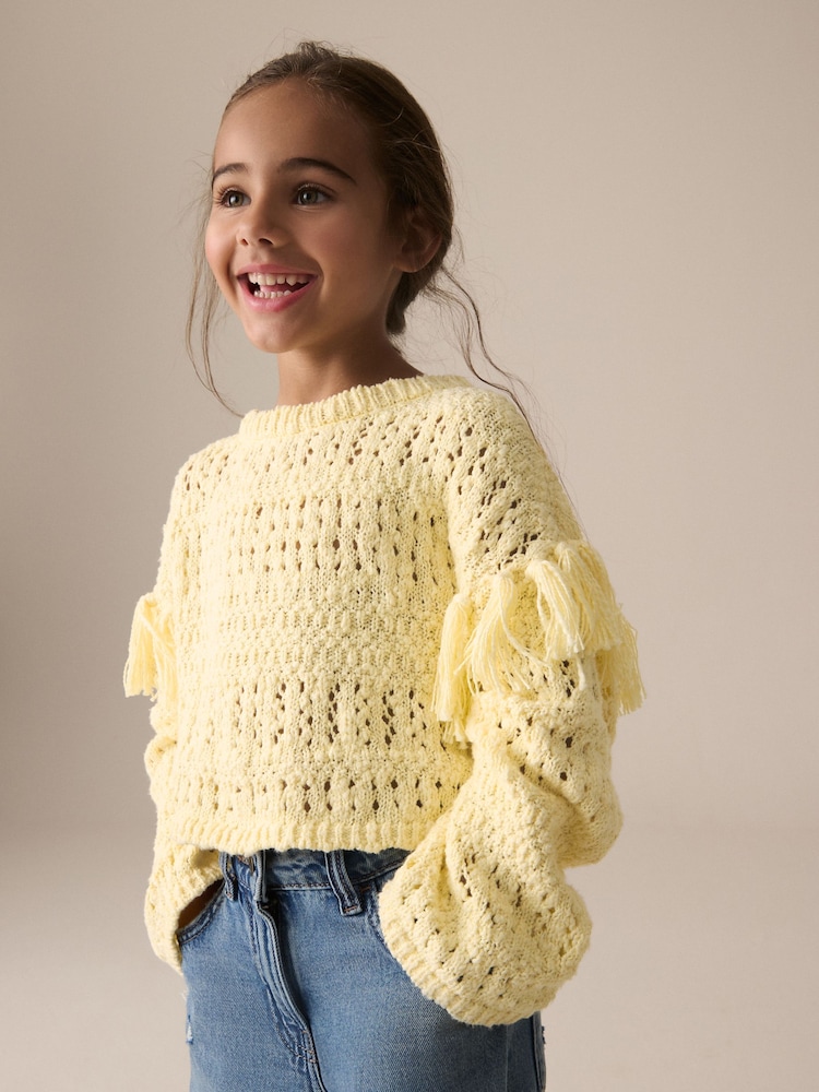 Lemon Yellow Tassle Knitted 100% Cotton Jumper (3-16yrs) - Image 1 of 8