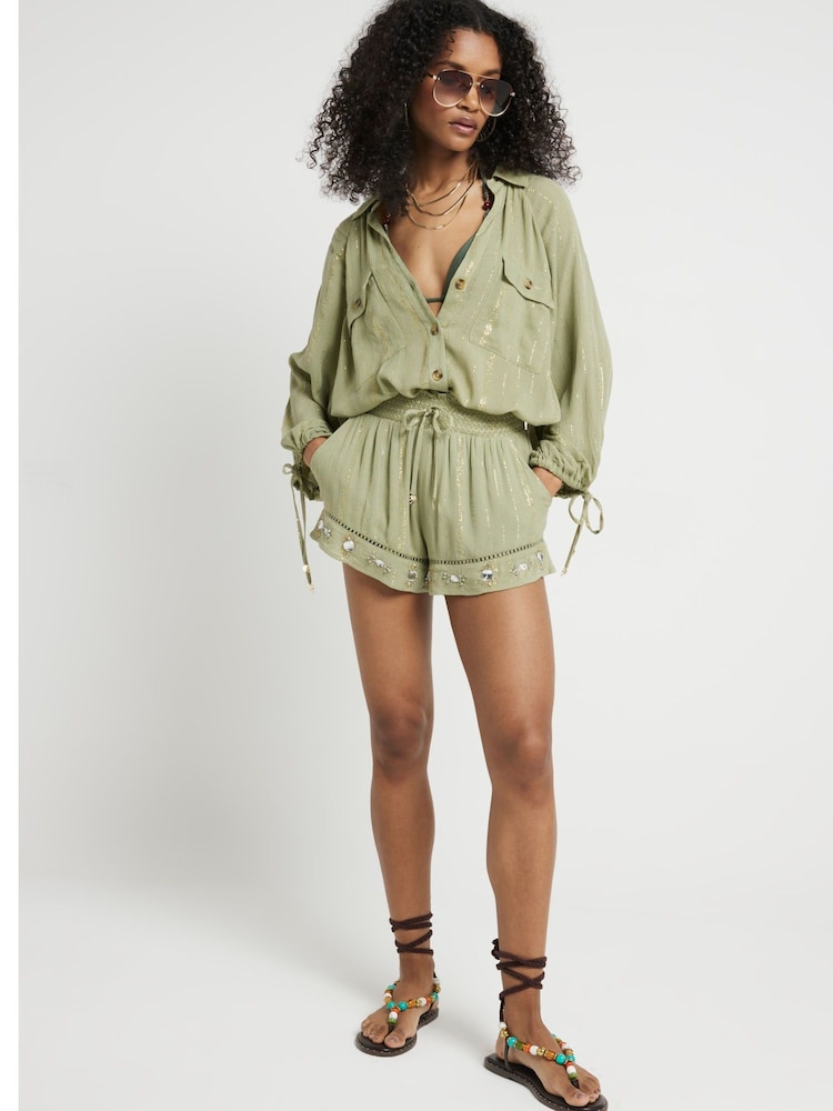 River Island Green Metallic Beach Shorts - Image 2 of 4