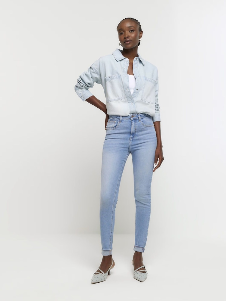 River Island Light Blue Mid Rise Bum Sculpt Skinny Jeans - Image 1 of 5
