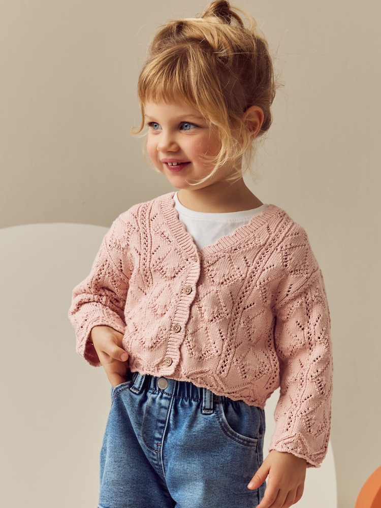 Pink 100% Cotton V-Neck Knitted Cardigan (3mths-7yrs) - Image 1 of 6
