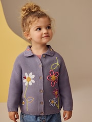 Blue 100% Cotton Crochet Collar Embroidered Cardigan (3mths-7yrs) - Image 1 of 10