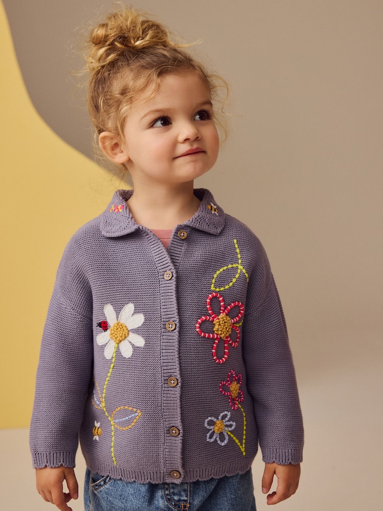 Blue 100% Cotton Crochet Collar Embroidered Cardigan (3mths-7yrs) - Image 1 of 10