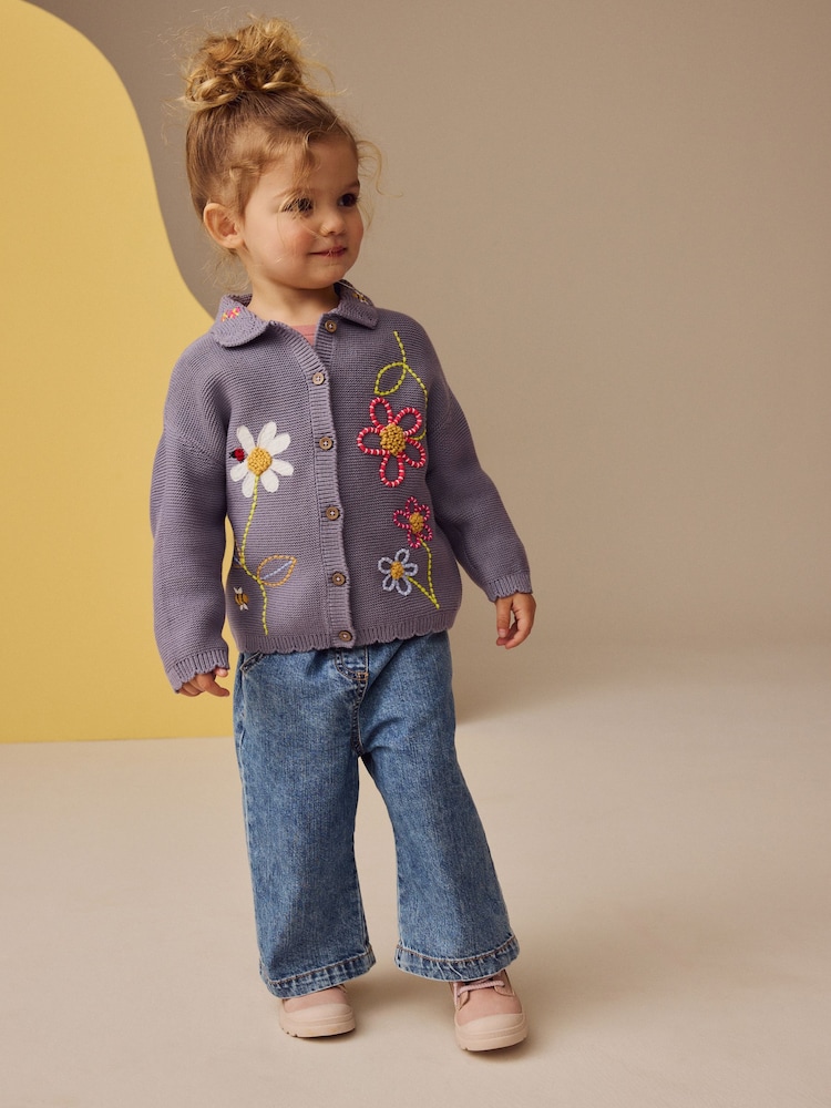 Blue 100% Cotton Crochet Collar Embroidered Cardigan (3mths-7yrs) - Image 2 of 10