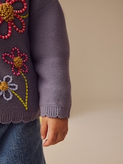 Blue 100% Cotton Crochet Collar Embroidered Cardigan (3mths-7yrs) - Image 4 of 10