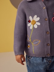 Blue 100% Cotton Crochet Collar Embroidered Cardigan (3mths-7yrs) - Image 5 of 10