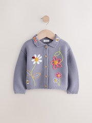 Blue 100% Cotton Crochet Collar Embroidered Cardigan (3mths-7yrs) - Image 6 of 10
