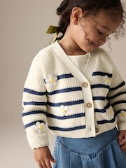 White Daisy Stripe V-Neck 100% Cotton Cardigan (3mths-7yrs) - Image 1 of 8
