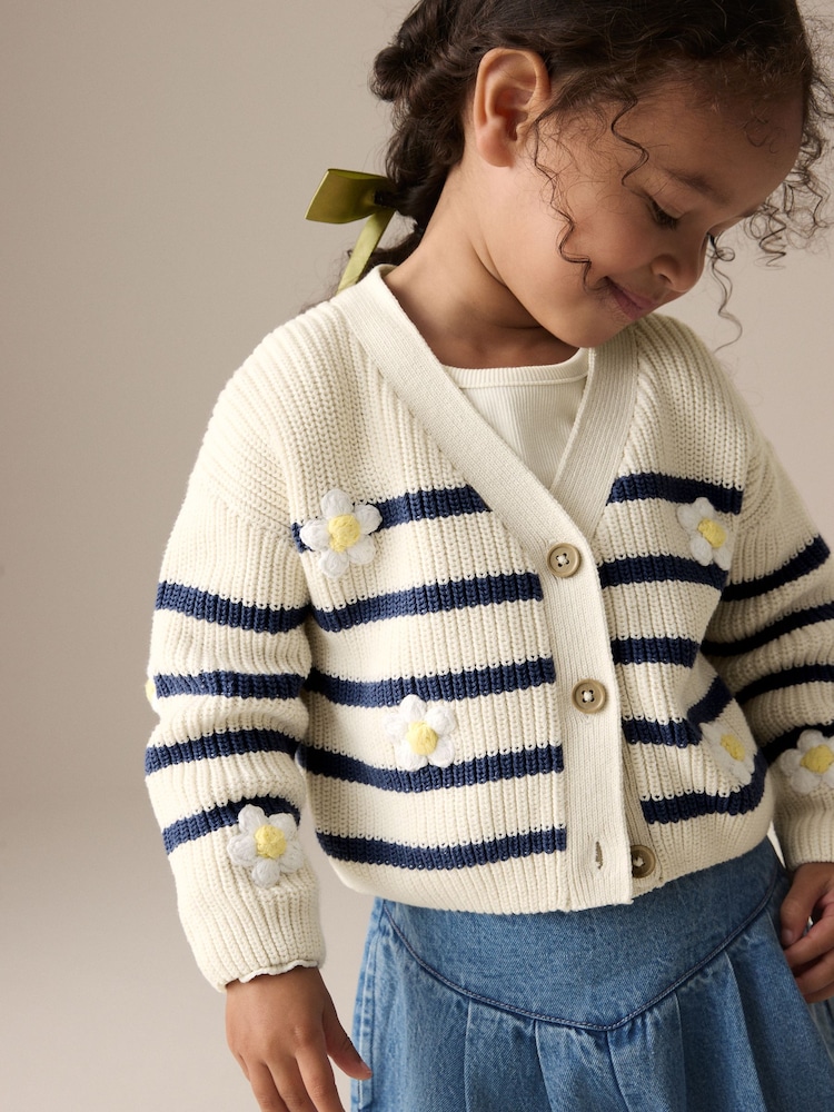 White Daisy Stripe V-Neck 100% Cotton Cardigan (3mths-7yrs) - Image 1 of 8
