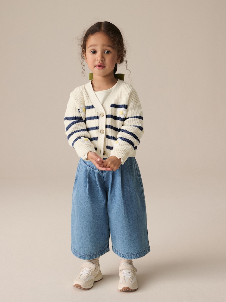 White Daisy Stripe V-Neck 100% Cotton Cardigan (3mths-7yrs) - Image 2 of 8