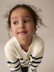 White Daisy Stripe V-Neck 100% Cotton Cardigan (3mths-7yrs) - Image 4 of 8