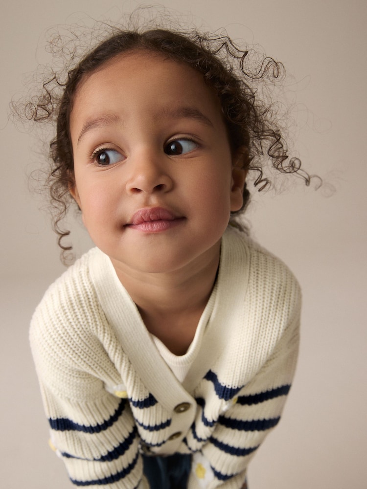 White Daisy Stripe V-Neck 100% Cotton Cardigan (3mths-7yrs) - Image 4 of 8